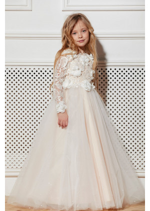 Long Sleeves Ivory Lace Tulle Pearls Beaded Flower Girl Dress